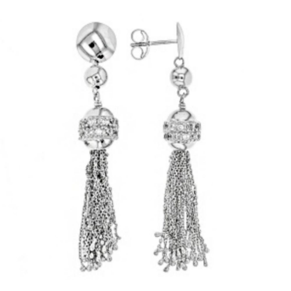 Chic Vintage White Zircon Rhodium Over Sterling Silver Tassel Earrings